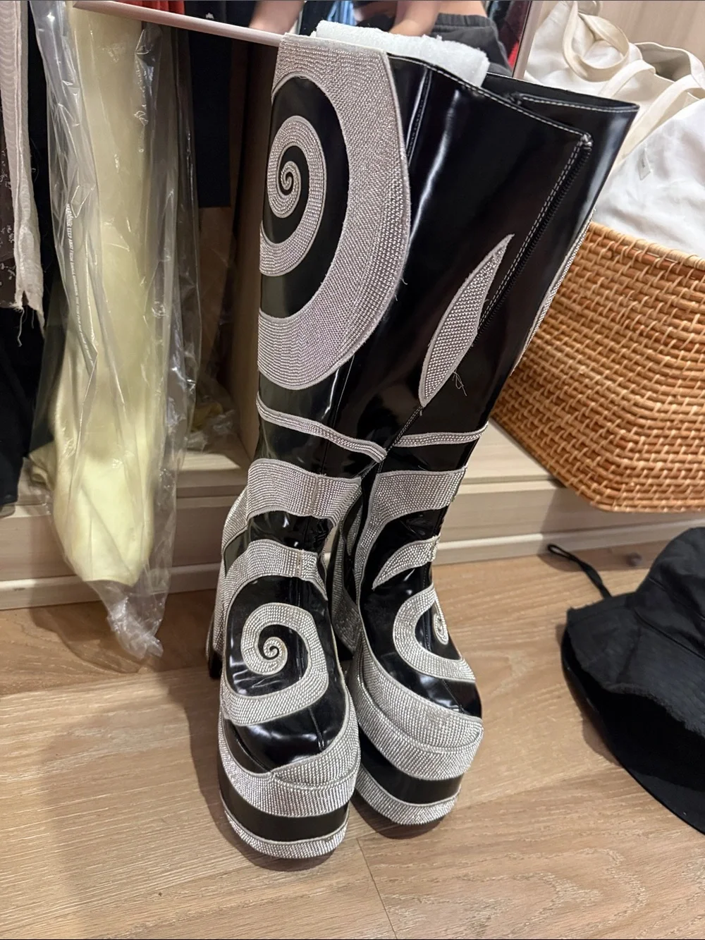 Dolls Kill x Current Mood Black and Silver Spiral Platform Over-the-Knee Boots